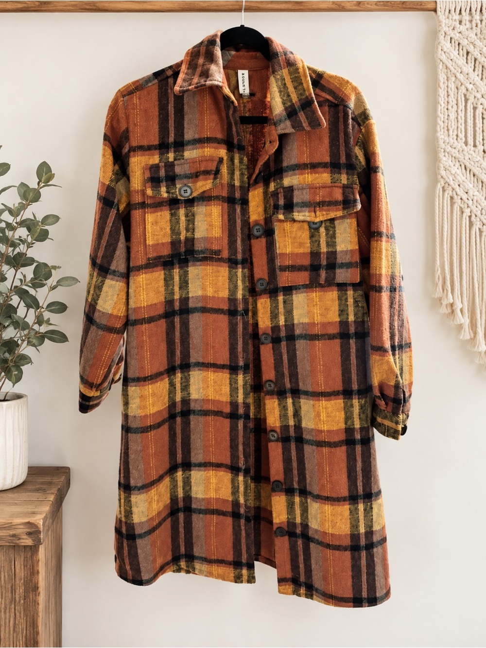 Plaid Trench Shacket in Rust & Mustard